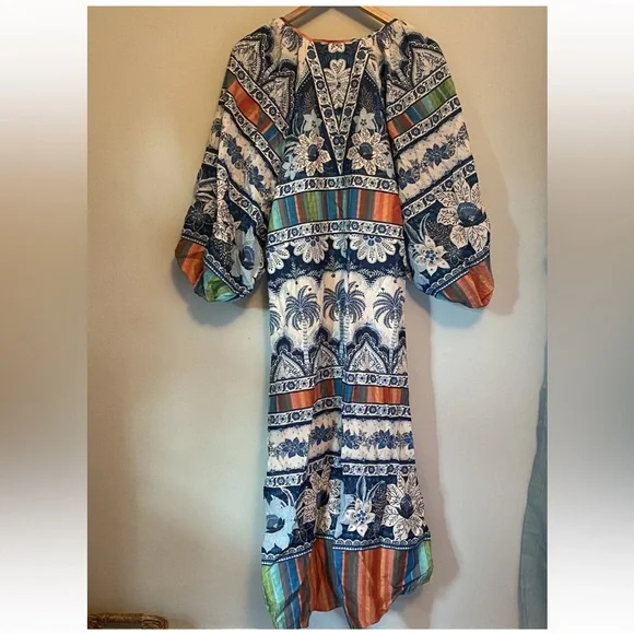 FARM RIO BLUE PALMS BALLOON SLEEVE DRESS SIZE MEDIUM NEW with TAGS - Picture 3 of 16
